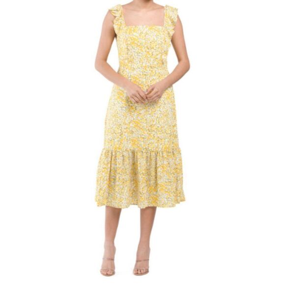 BCBG Eneration Women's Ruffle Strap Square Neck yellow Floral Midi Dress… - Picture 1 of 12